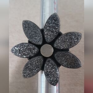 Sterling Silver 925 Druzy Black and Silver Flower Ring